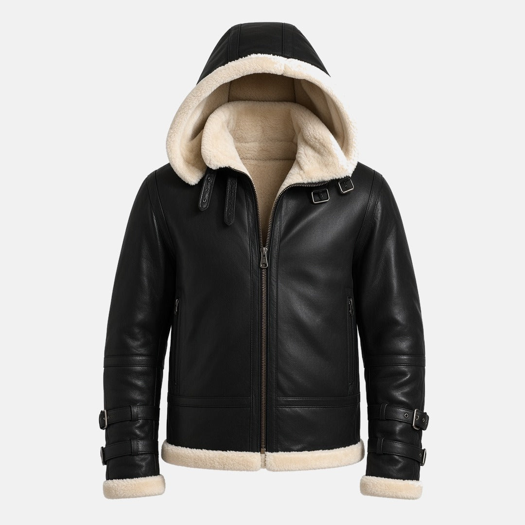 Men's Black Leather Hooded B3 Shearling-Style Bomber Jacket with Faux Fur Lining, front view