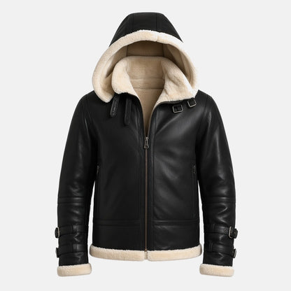 Men's Black Leather Hooded B3 Shearling-Style Bomber Jacket with Faux Fur Lining, front view