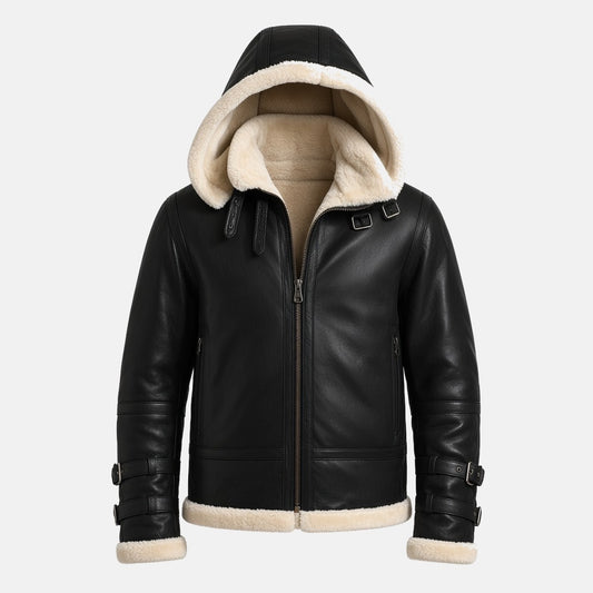 Men's Black Leather Hooded B3 Shearling-Style Bomber Jacket with Faux Fur Lining, front view