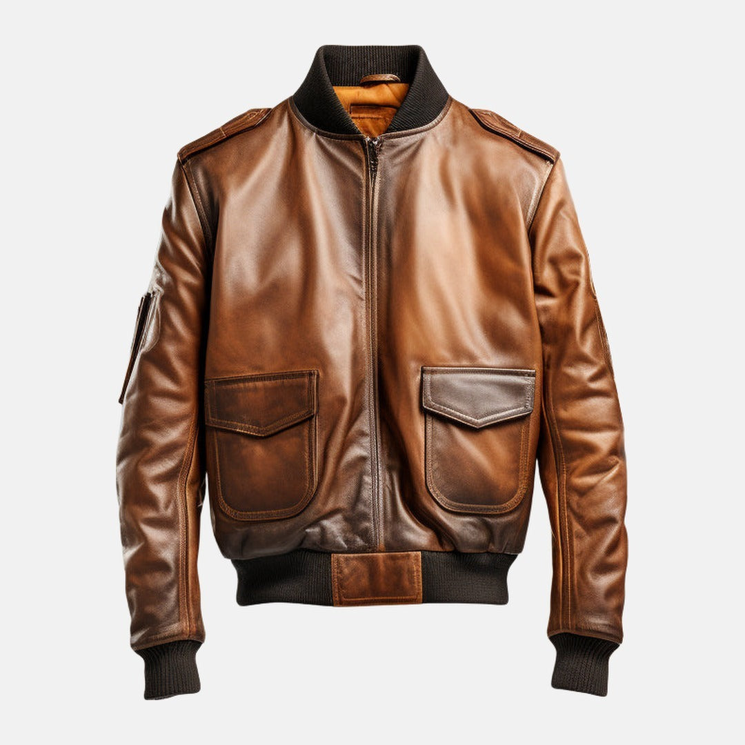 Men's Distressed Tan Brown Leather Aviator Bomber Jacket, front view