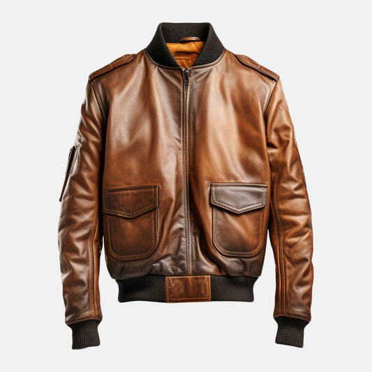 Men's Distressed Tan Brown Leather Aviator Bomber Jacket, front view