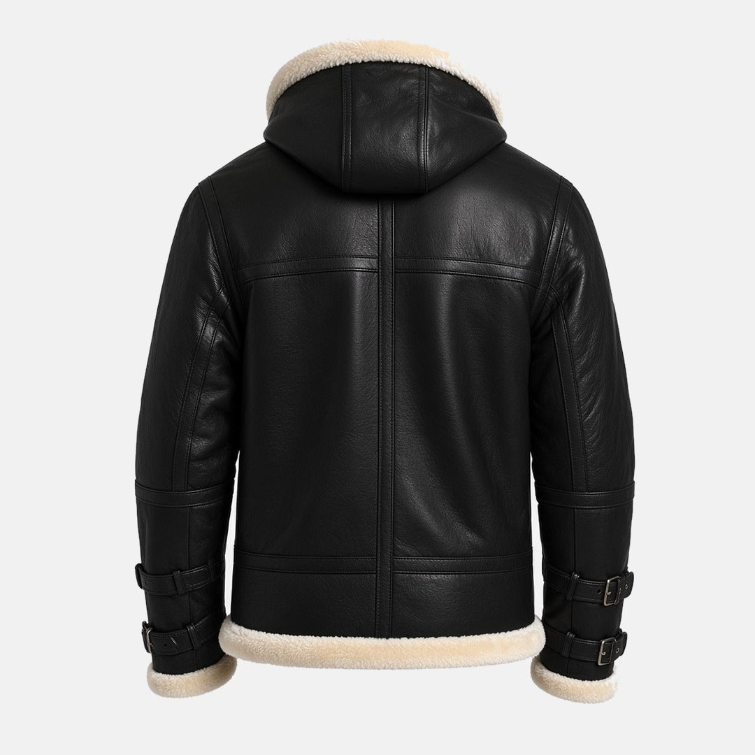 Men's Black Leather Hooded B3 Shearling-Style Bomber Jacket with Faux Fur Lining, back view