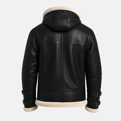 Men's Black Leather Hooded B3 Shearling-Style Bomber Jacket with Faux Fur Lining, back view