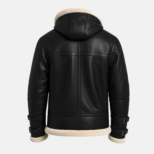Men's Black Leather Hooded B3 Shearling-Style Bomber Jacket with Faux Fur Lining, back view