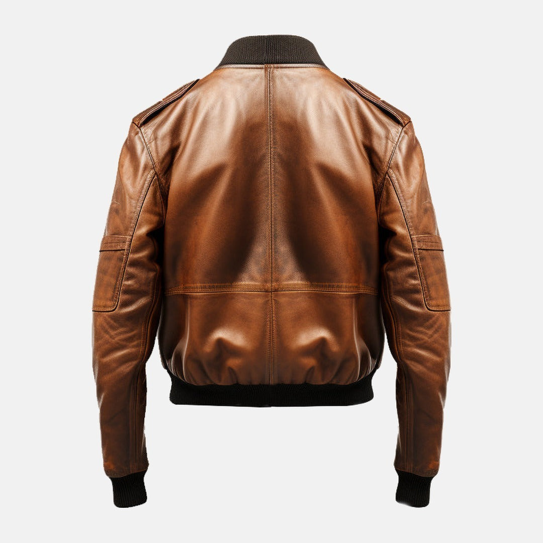 Men's Distressed Tan Brown Leather Aviator Bomber Jacket, back view