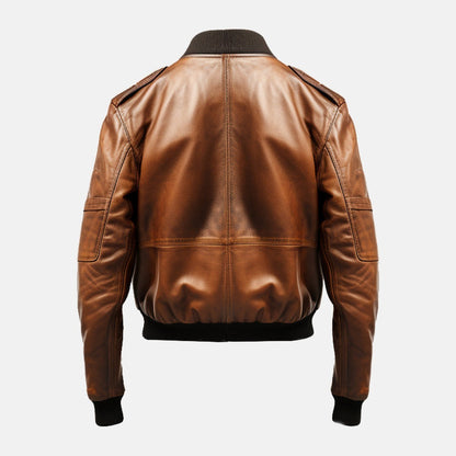 Men's Distressed Tan Brown Leather Aviator Bomber Jacket, back view