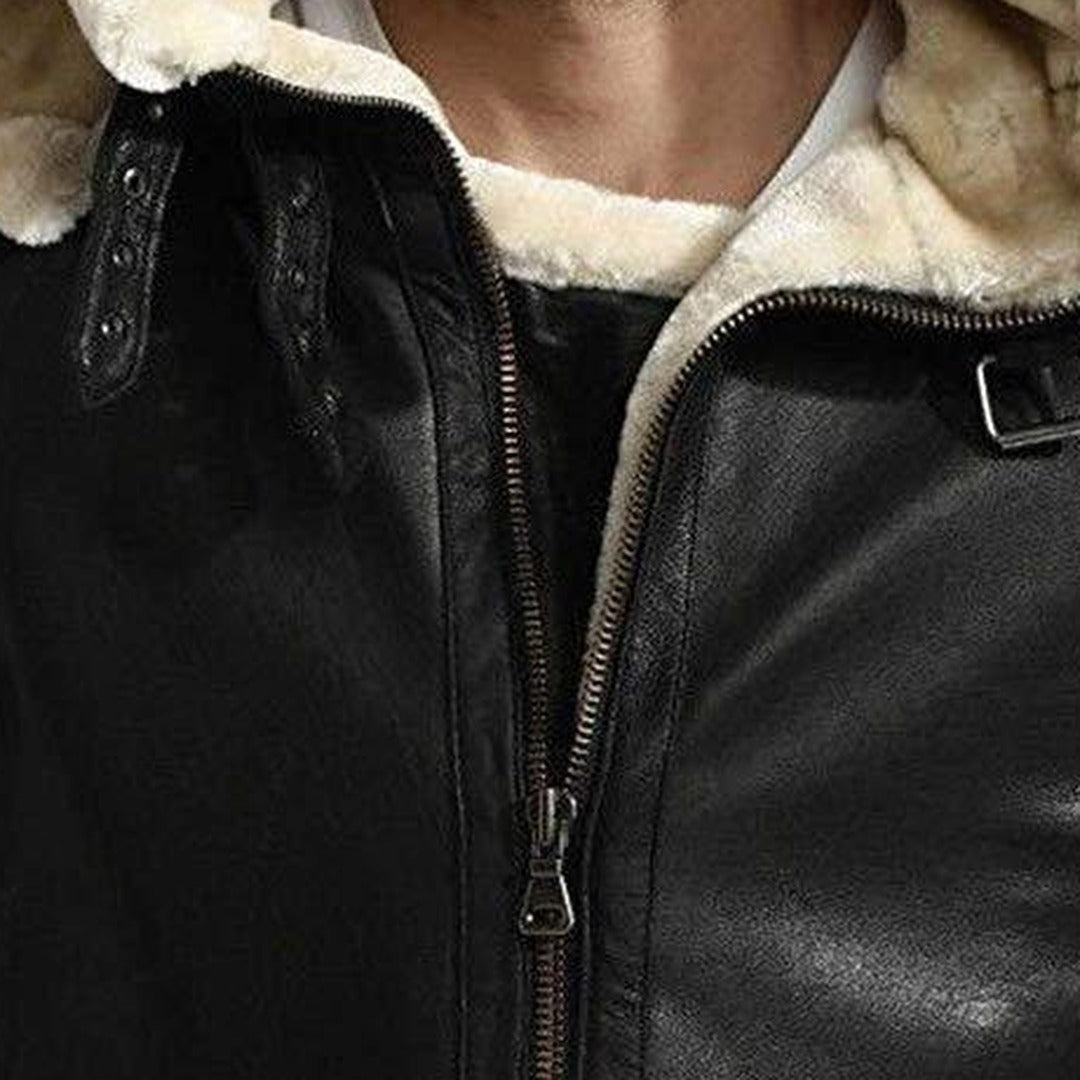 Men's Black Leather Hooded B3 Shearling-Style Bomber Jacket with Faux Fur Lining, close-up of collar and zip