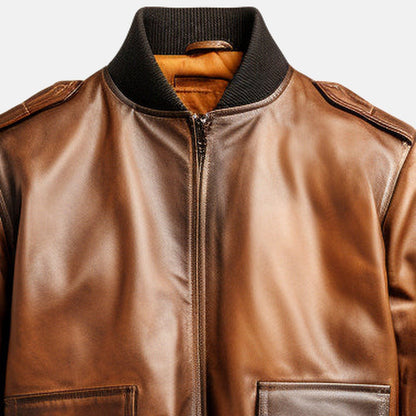 Men's Distressed Tan Brown Leather Aviator Bomber Jacket, close-up of collar and zip
