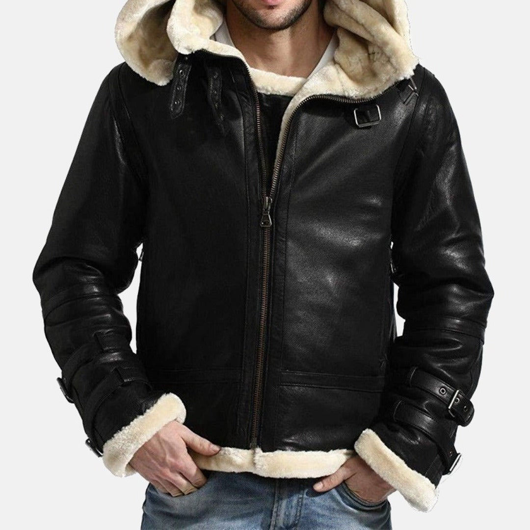 Men's Black Leather Hooded B3 Shearling-Style Bomber Jacket with Faux Fur Lining, front view on model