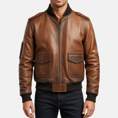 Men's Distressed Tan Brown Leather Aviator Bomber Jacket, front view on model