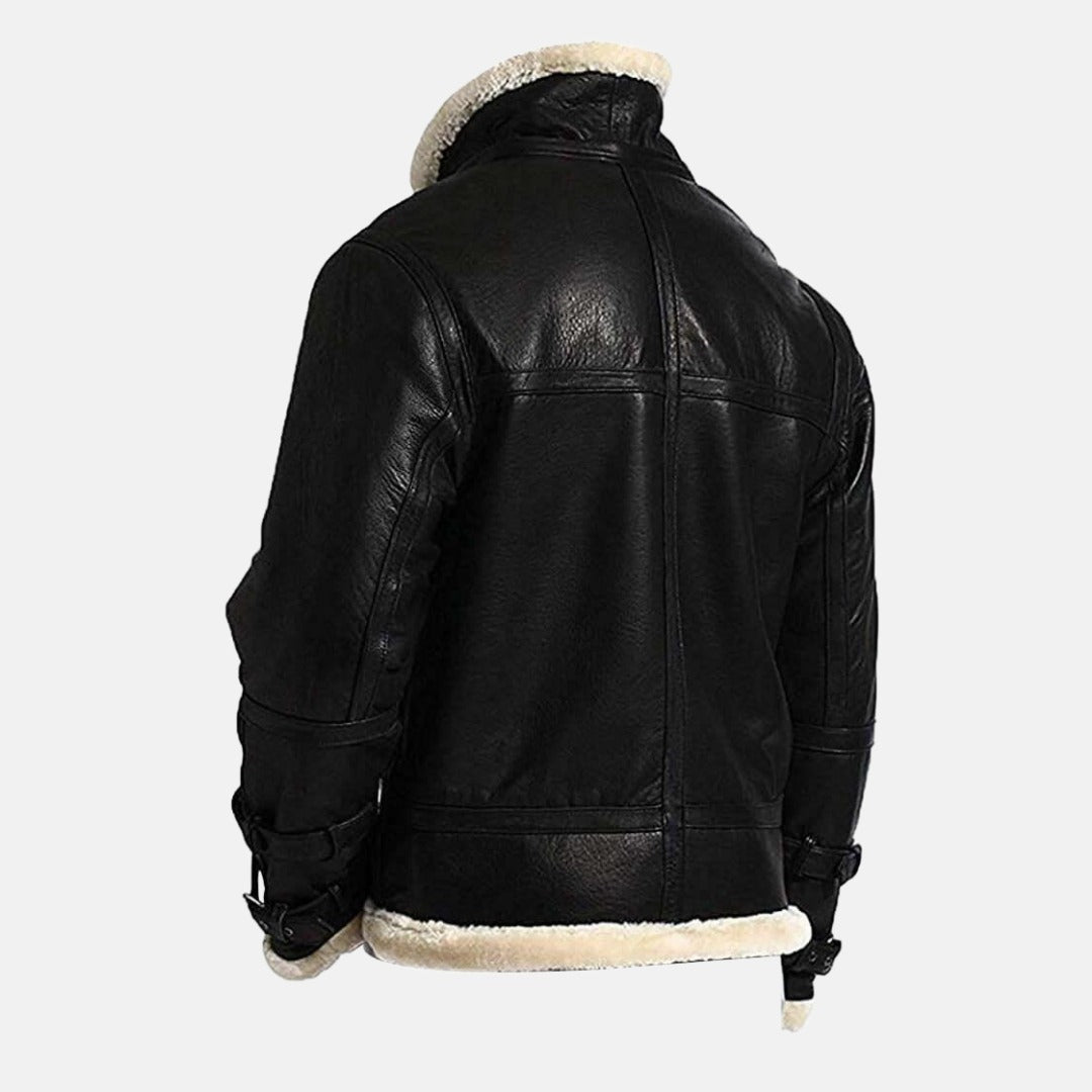 Men's Black Leather Hooded B3 Shearling-Style Bomber Jacket with Faux Fur Lining, back view on model