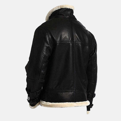 Men's Black Leather Hooded B3 Shearling-Style Bomber Jacket with Faux Fur Lining, back view on model
