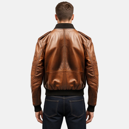 Men's Distressed Tan Brown Leather Aviator Bomber Jacket, back view on model