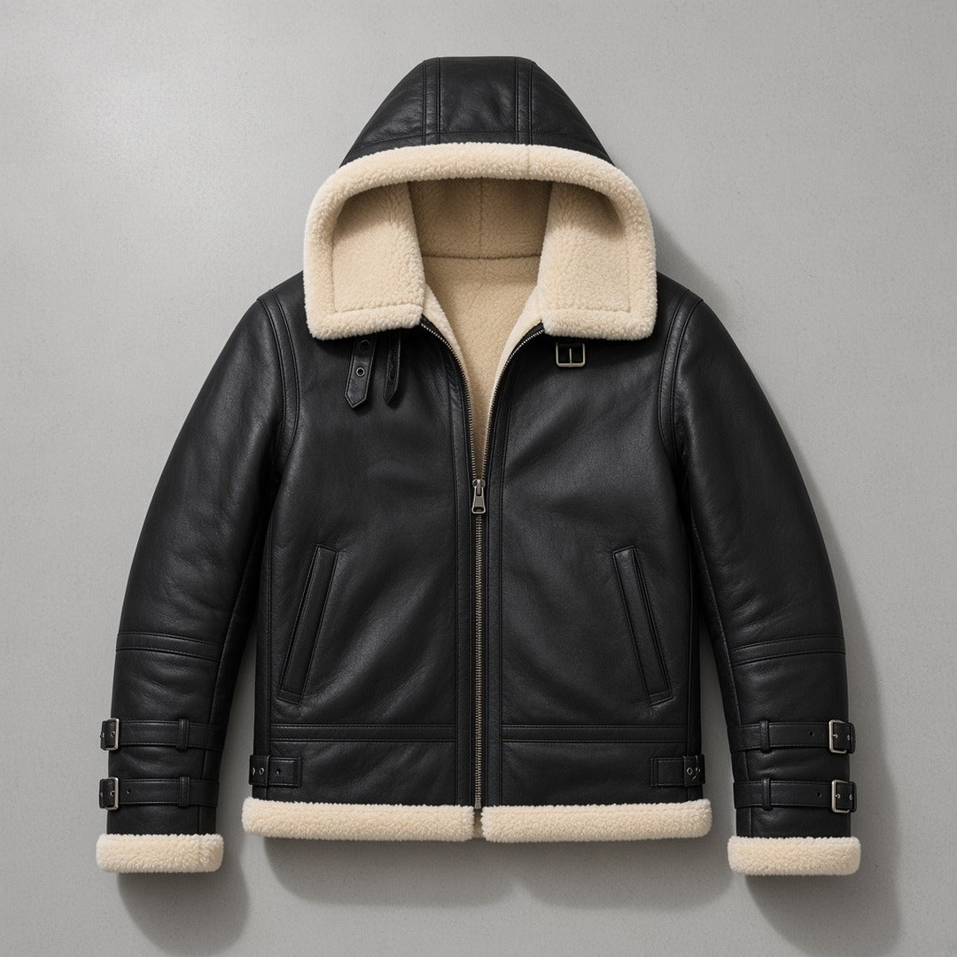 Men's Black Leather Hooded B3 Shearling-Style Bomber Jacket with Faux Fur Lining, flat lay