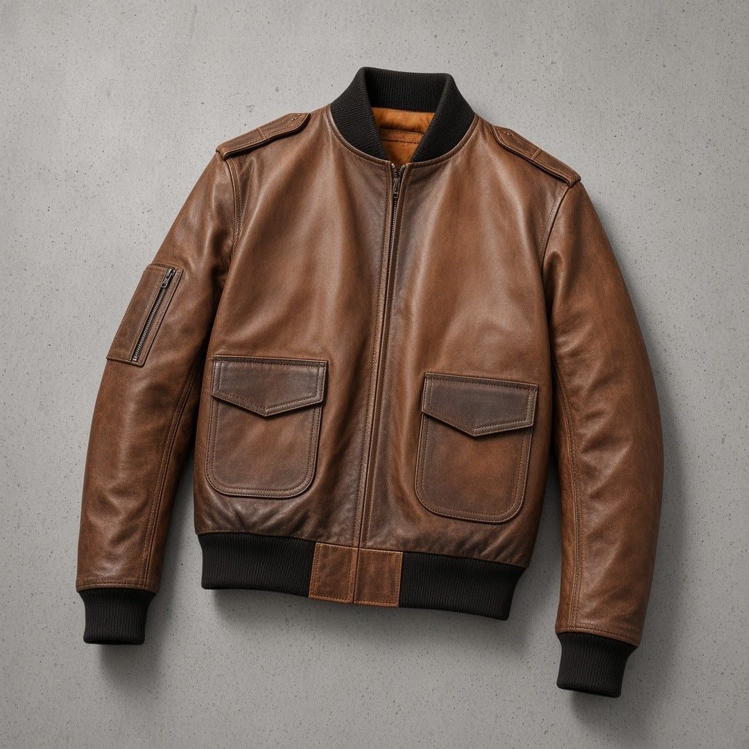 Men's Distressed Tan Brown Leather Aviator Bomber Jacket, flat lay