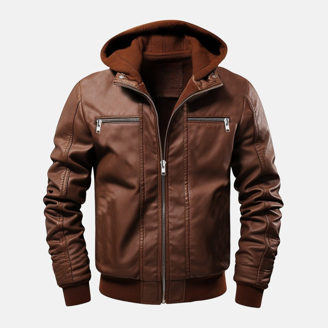 Men's Brown Leather Bomber Jacket with Fleece Hood, front view