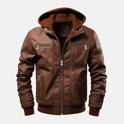Men's Brown Leather Bomber Jacket with Fleece Hood, front view