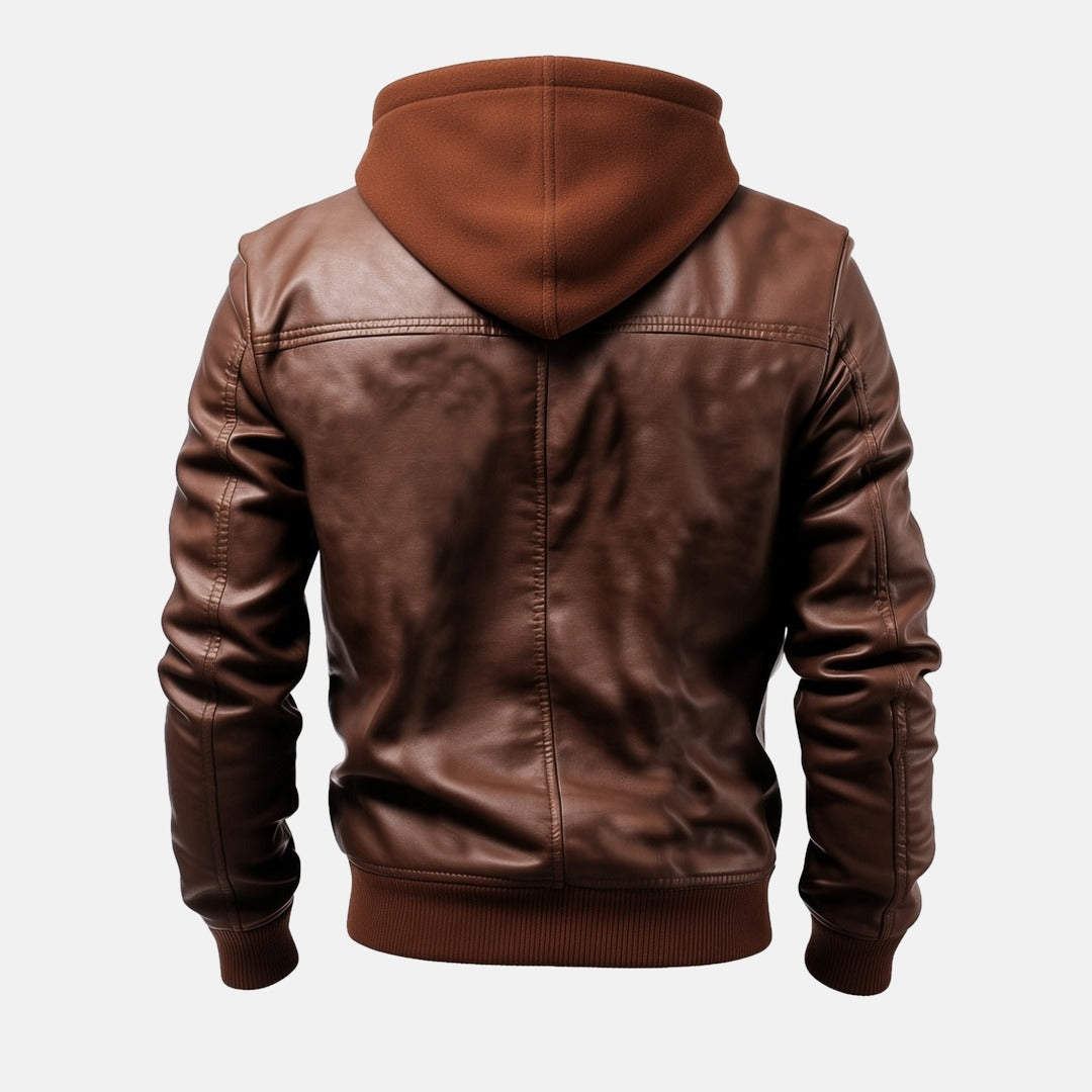 Men's Brown Leather Bomber Jacket with Fleece Hood, back view
