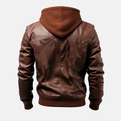 Men's Brown Leather Bomber Jacket with Fleece Hood, back view
