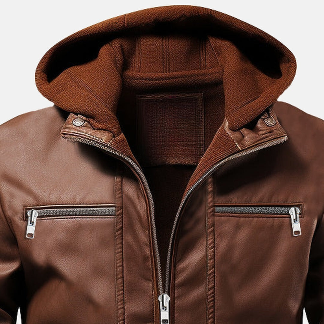 Men's Brown Leather Bomber Jacket with Fleece Hood, close-up of collar and zip