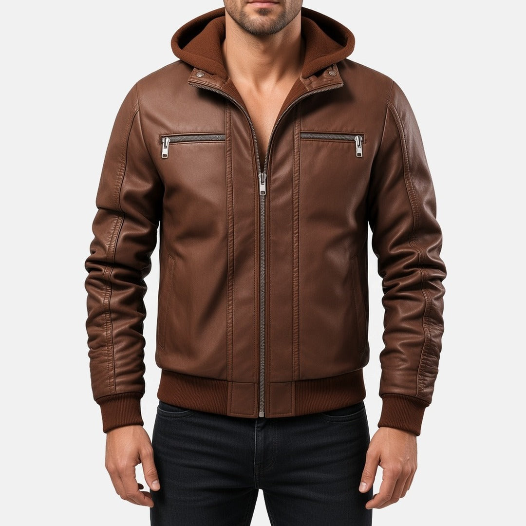 Men's Brown Leather Bomber Jacket with Fleece Hood, front view on model