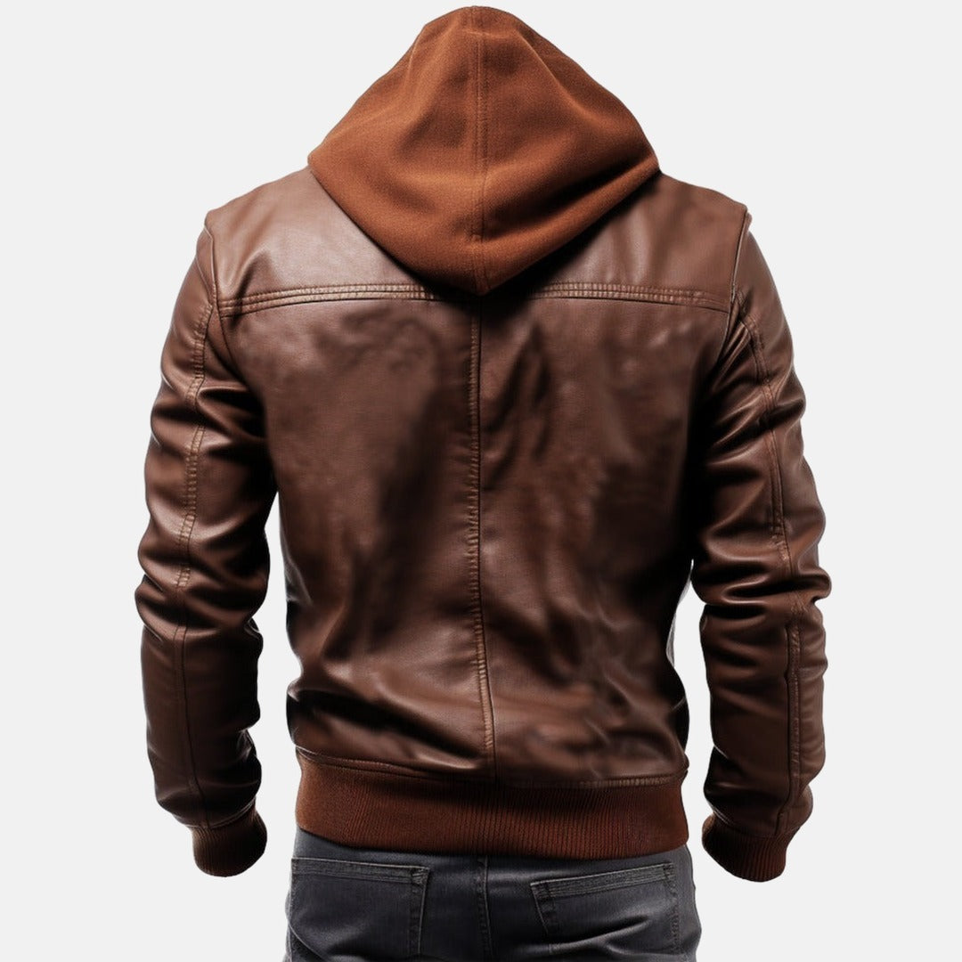 Men's Brown Leather Bomber Jacket with Fleece Hood, back view on model