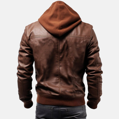 Men's Brown Leather Bomber Jacket with Fleece Hood, back view on model