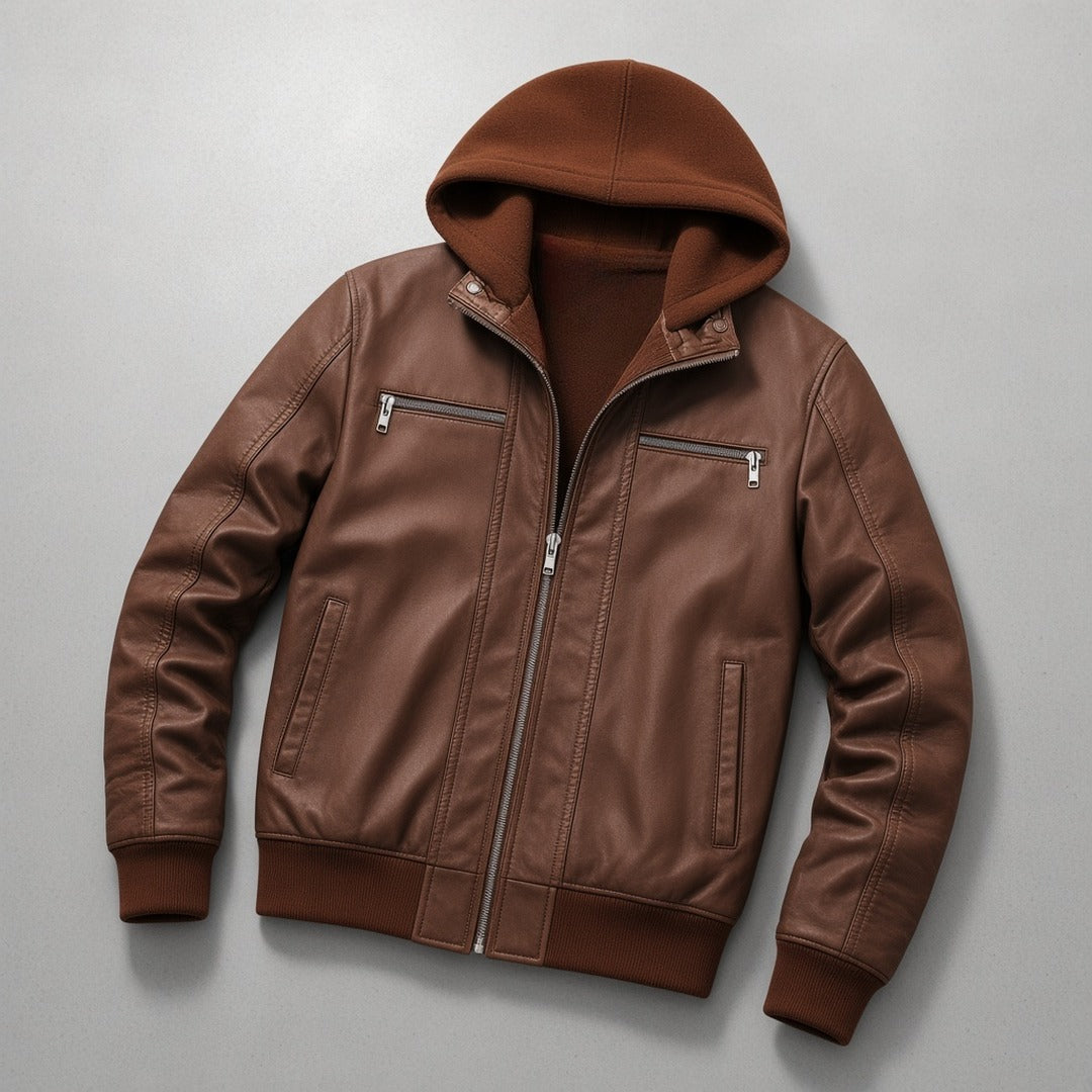 Men's Brown Leather Bomber Jacket with Fleece Hood, flat lay