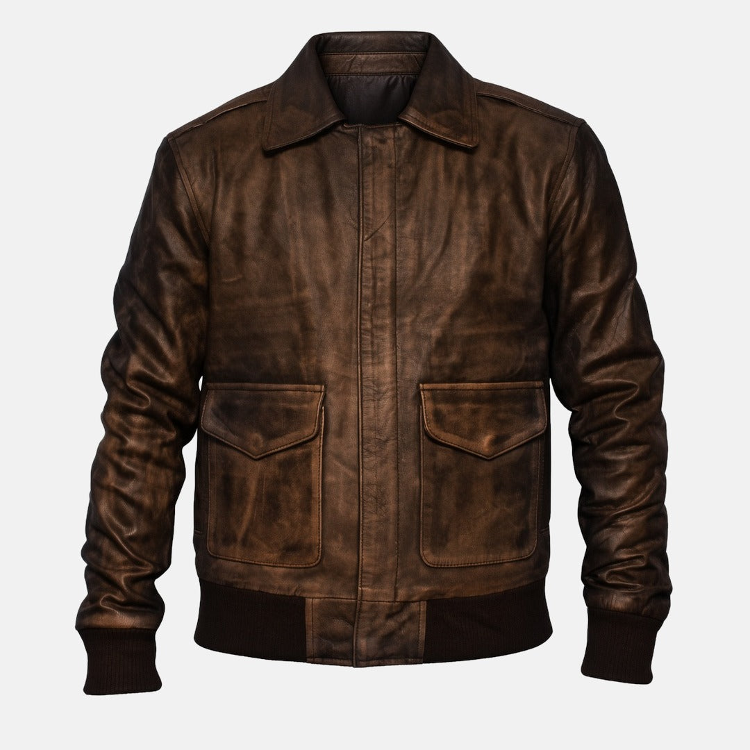 Men's Distressed Brown Leather A2 Flight Bomber Jacket, front view