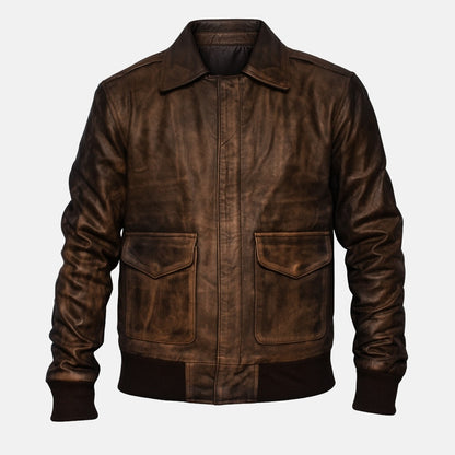 Men's Distressed Brown Leather A2 Flight Bomber Jacket, front view