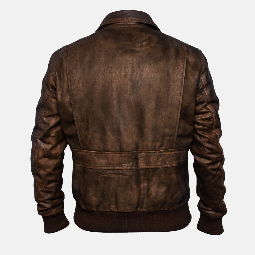 Men's Distressed Brown Leather A2 Flight Bomber Jacket, back view