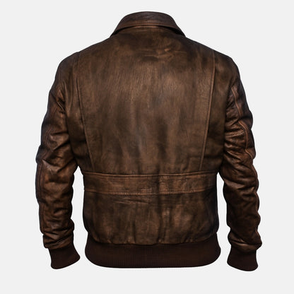 Men's Distressed Brown Leather A2 Flight Bomber Jacket, back view
