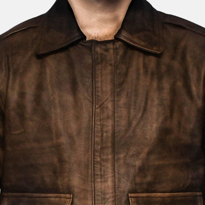 Men's Distressed Brown Leather A2 Flight Bomber Jacket, close-up of collar and zip