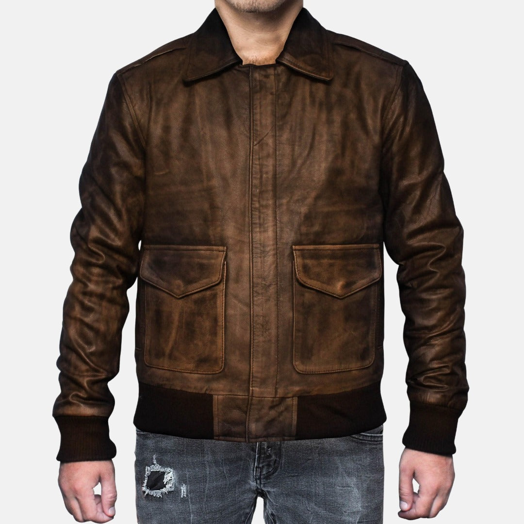 Men's Distressed Brown Leather A2 Flight Bomber Jacket, front view on model