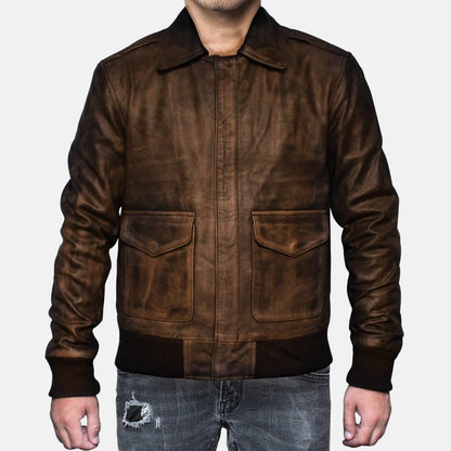 Men's Distressed Brown Leather A2 Flight Bomber Jacket, front view on model