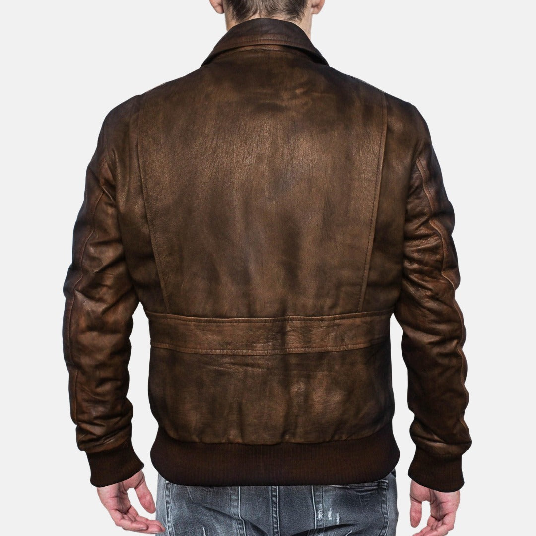 Men's Distressed Brown Leather A2 Flight Bomber Jacket, back view on model