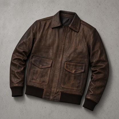 Men's Distressed Brown Leather A2 Flight Bomber Jacket, flat lay