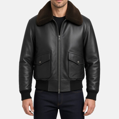 Men's Black G1 Leather Flight Bomber Jacket, front view on model