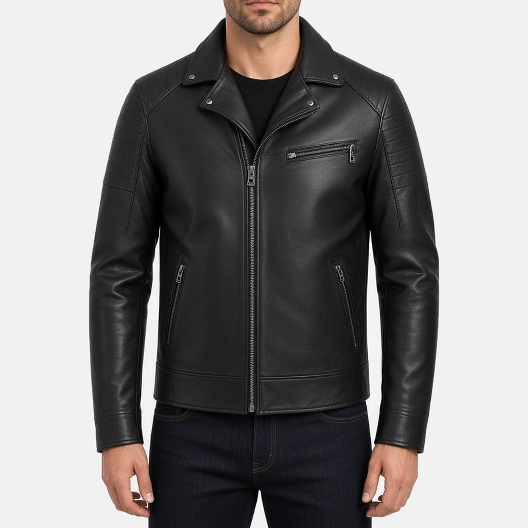 Men's Black Leather Biker Jacket with Snap Collar, front view on model