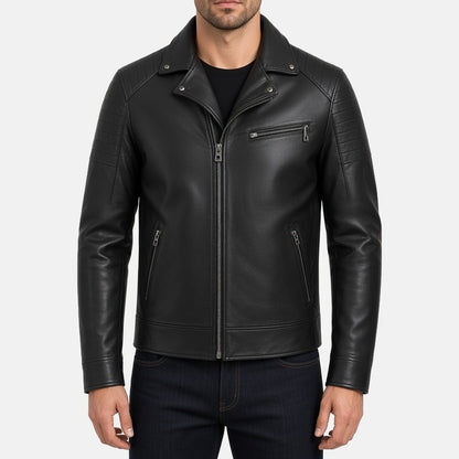 Men's Black Leather Biker Jacket with Snap Collar, front view on model