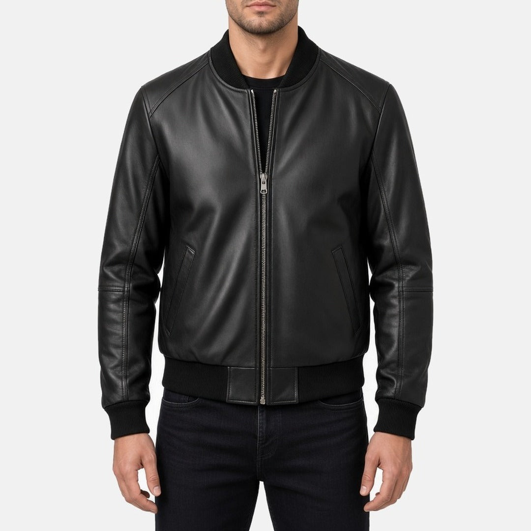 Men's Black Leather Bomber Jacket, front view on model