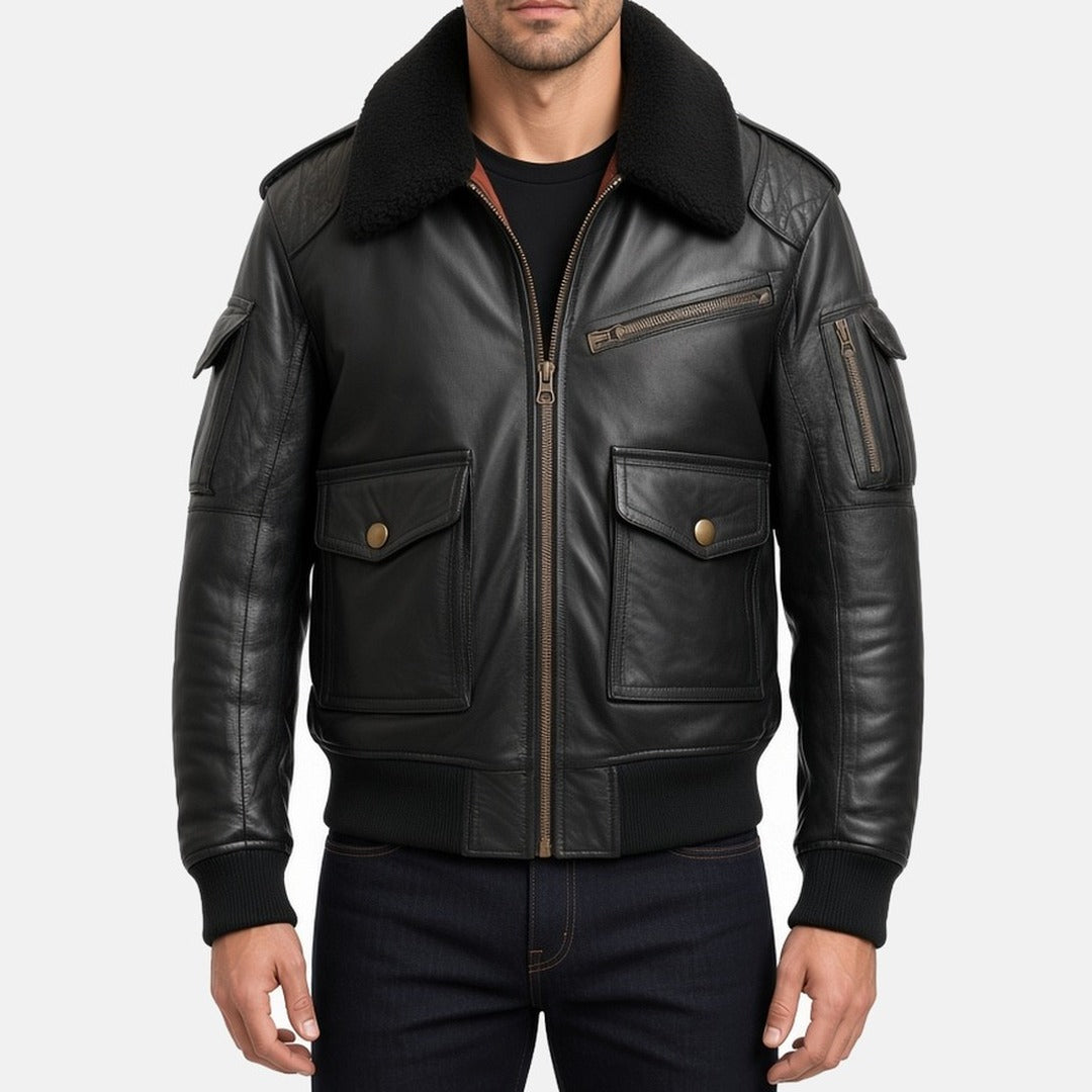Men's Black Leather Flight Bomber Jacket with Faux Fur Collar, front view on model