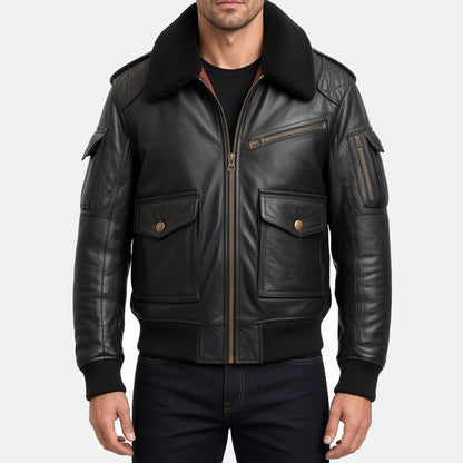 Men's Black Leather Flight Bomber Jacket with Faux Fur Collar, front view on model