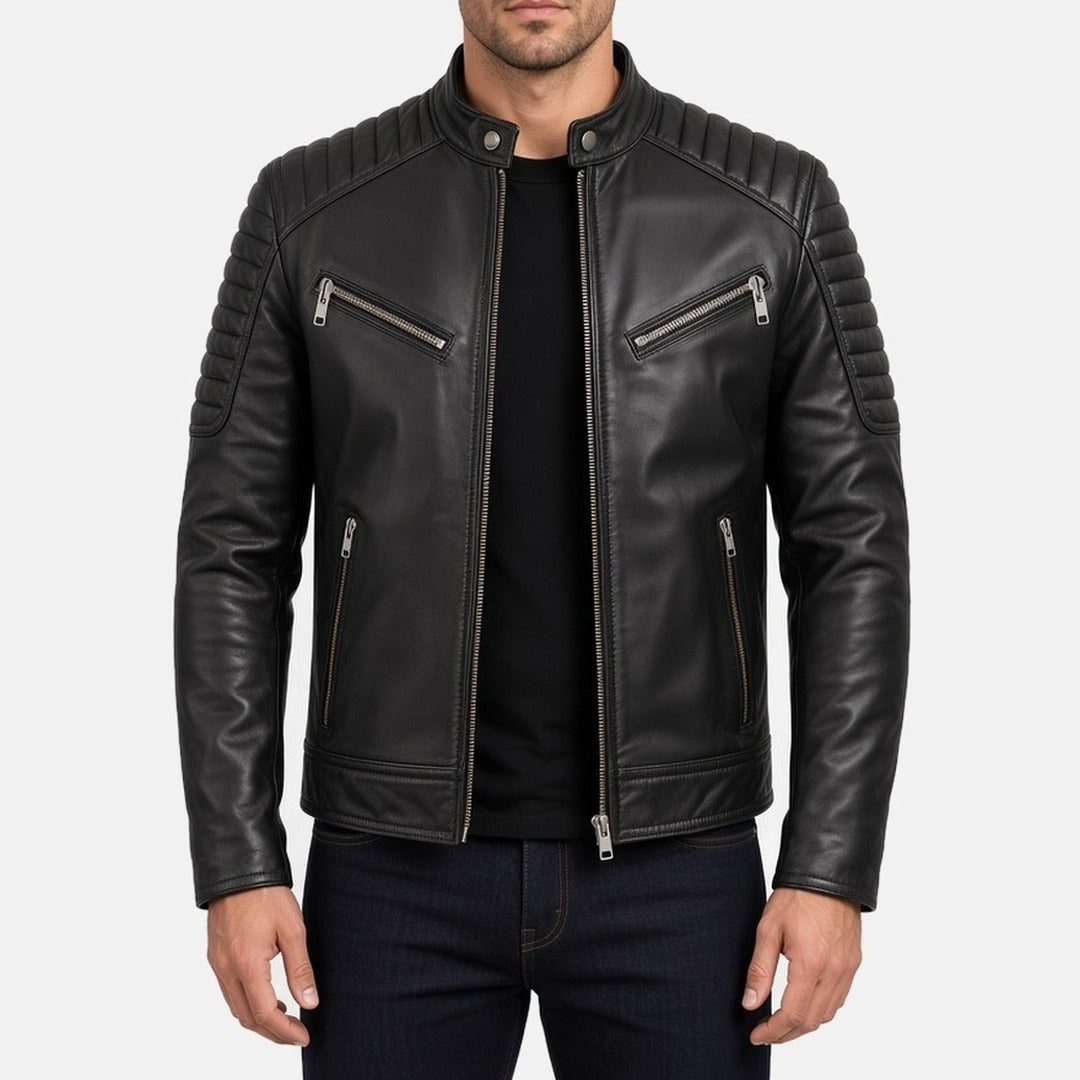Men's Black Leather Moto Biker Jacket, front view on model