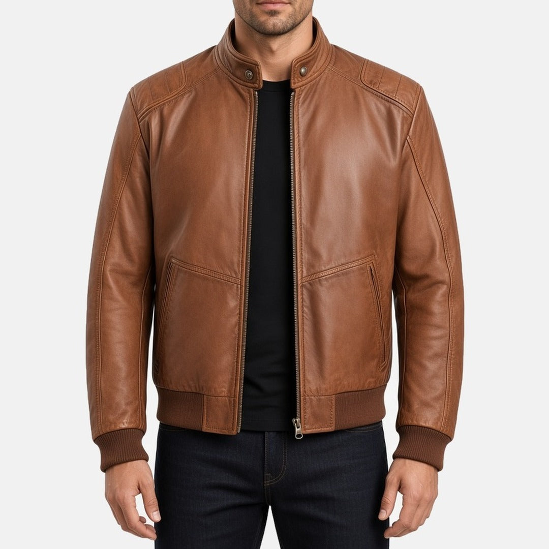 Men's Brown Leather Bomber Jacket with Stand Collar, front view on model