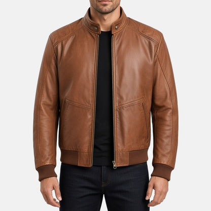 Men's Brown Leather Bomber Jacket with Stand Collar, front view on model