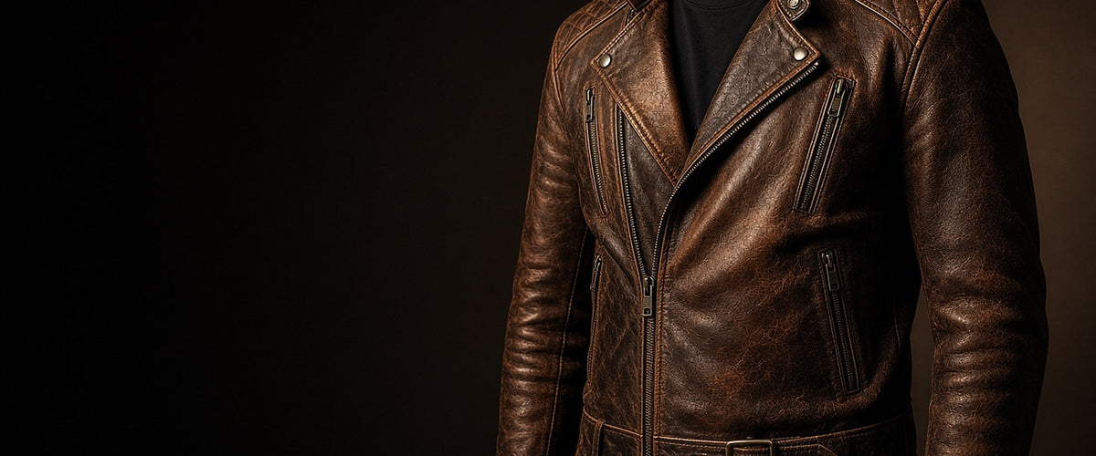 Man wearing a brown leather biker jacket in a dark studio