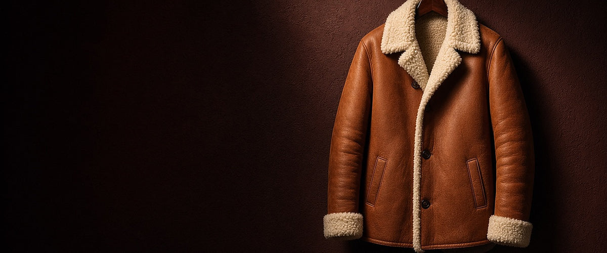 Cognac jacket with a cream fleece collar hanging on a dark wall