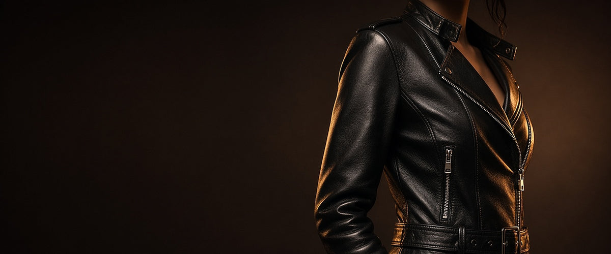 Woman wearing a black leather biker jacket in a dark studio