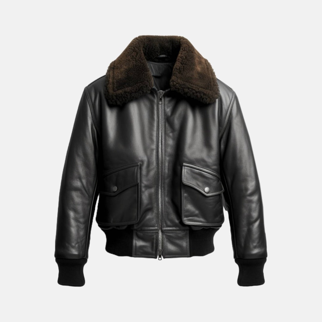 Men's Black G1 Leather Flight Bomber Jacket, front view